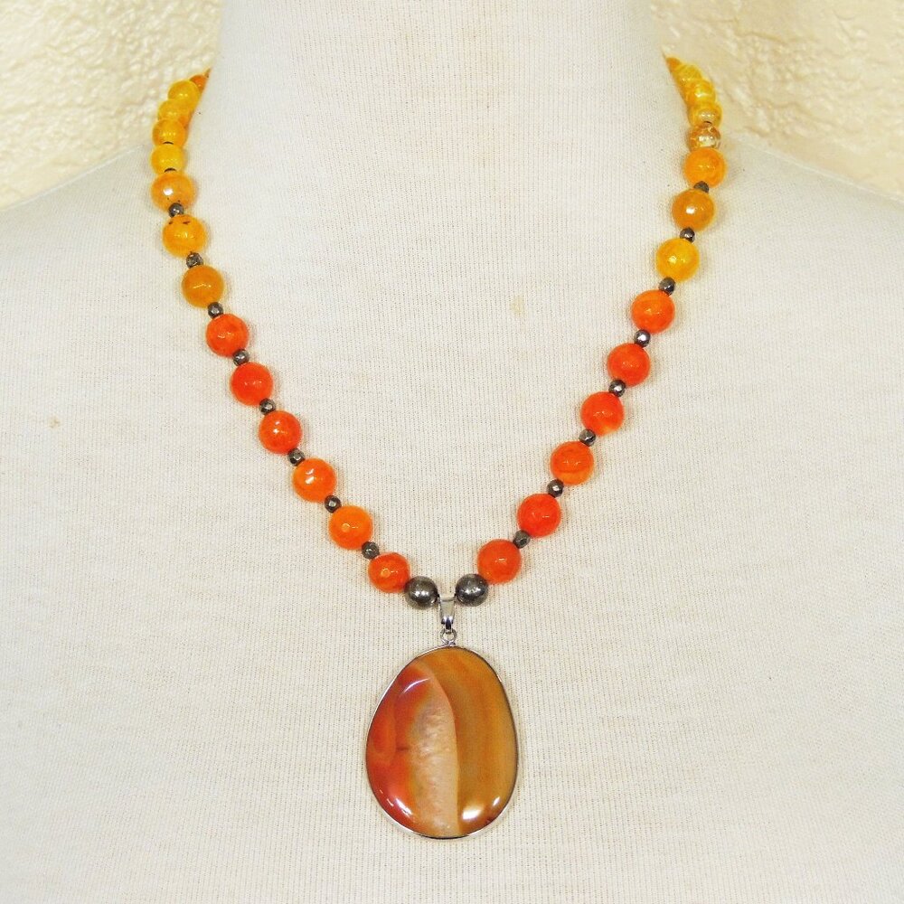 Yellow Orange Ombre Agate & Golden Pyrite Pendant Statement Necklace